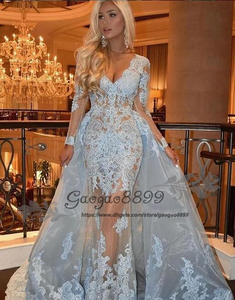 Gorgeous Dubai Africa Mermaid Evening Dresses sheer lace applique long sleeves Prom Dresses Overskirts Sexy Red Carpet Party Gowns