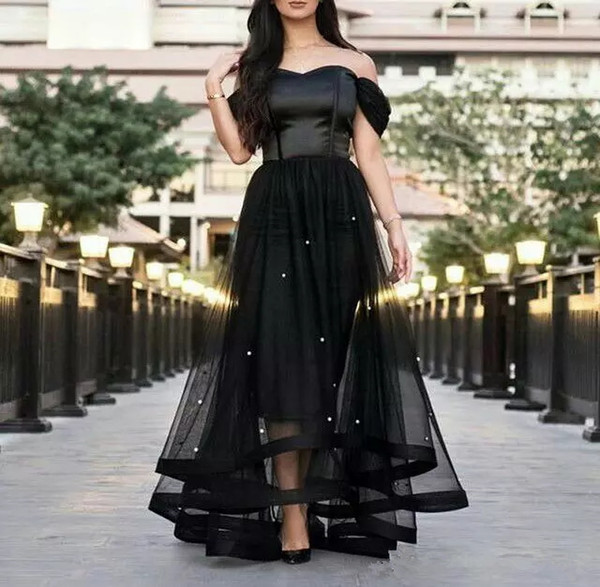 Black Prom Dresses Off the Shoulder pearls Tulle Satin Boned Bodice Short Front and Long Back floor length celebrity Evening Gowns