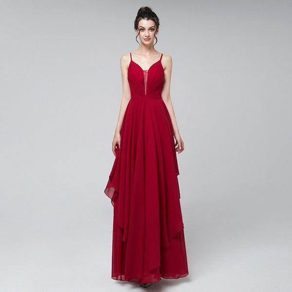 Cheap Sexy red prom dresses long chic chiffon spaghetti straps floor length formal evening party gowns real picture