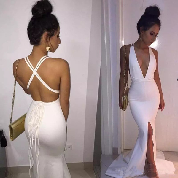 Chic White Mermaid celebrity Prom Dresses Sexy Deep V Neck Front Split Criss Cross Straps Back Long Party Evening Gowns