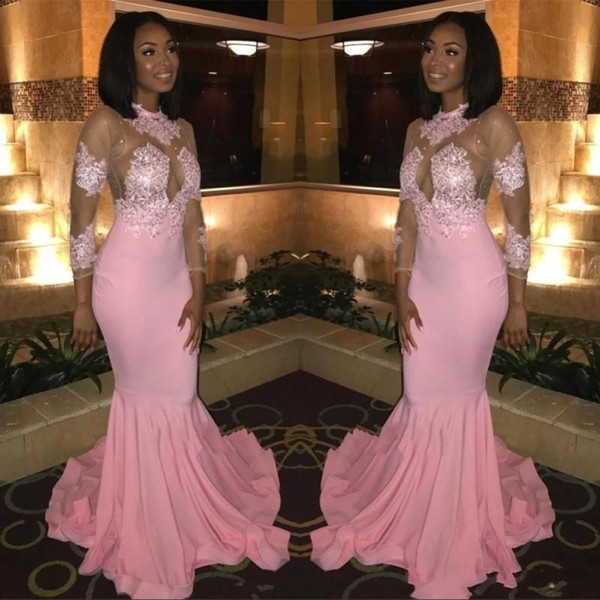 Sheer Long Sleeves Prom Party Dresses African Blacks High Neck Sheer Appliqued Pink Evening Gowns Illusion Bodice Custom Wear