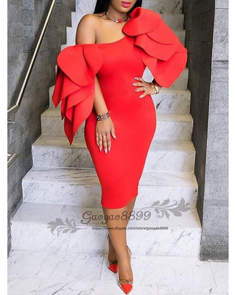 african Sexy red tea length prom dresses ruffles cape sleeves arabic short sheath formal evening cocktail party gowns cheap