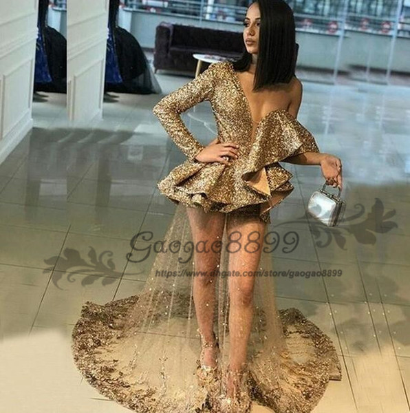 Gold Sparkling Long Sleeves Sequins one shoulder Prom Dresses Deep V Neck Tiered illusion tulle Sweep Train cocktail Party Evening Gown