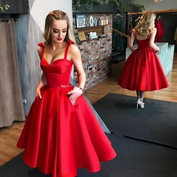 Ins Tea Length Red short Prom Dresses with pocket sexy Straps Satin Cocktail Party Dress Sexy Backless celebrity formal Evening Gowns