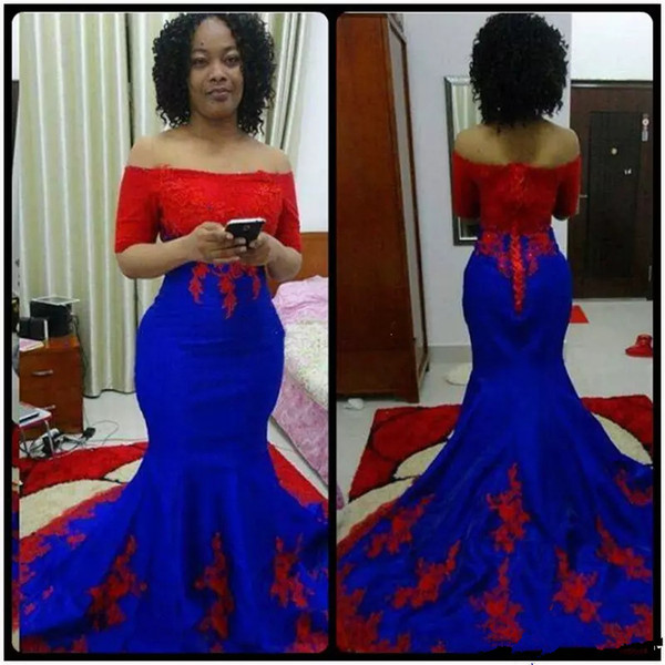 Red And Royal Blue Mermaid Prom Dresses half sleeves Plus Size Women Evening Gowns Lace up corset Off Shoulder Formal Party Dress