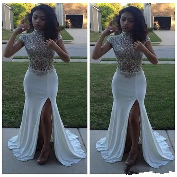 Black Girls Mermaid Prom Dresses Crystals Beading High Neck Illusion white rhinestone Side Split African Long Chiffon Evening Party Gowns