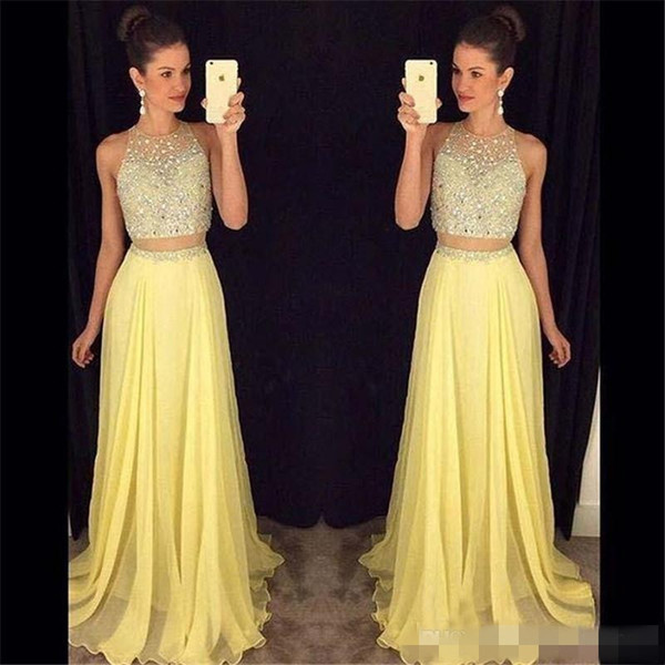 New Cheap Two Pieces Long Prom Dresses Jewel Neck Yellow Peach Chiffon Crystal Beads 2 Pieces Hollow Back Party Dress Evening Gowns