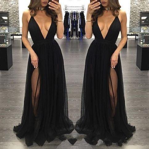 New Arrival Sexy Black Prom Dresses Simple Deep V Neck High Split Tulle Sweep Train Long Formal Dresses Evening Wear Party Gowns