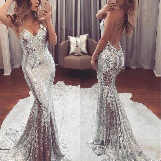 Blingbling Silver Sequins Mermaid Prom Dresses Sexy V Neck Sleeveless Spaghetti Straps Criss Cross Fromal Evening Dresses DTJ