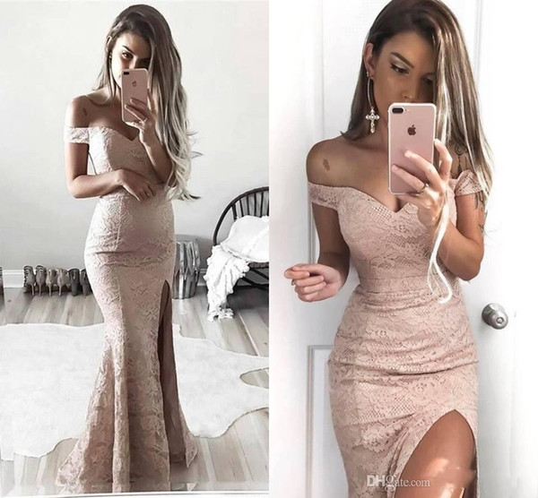 Sexy Off the Shoulder Mermaid Prom Dresses Sweetheart High Front Split Lace Appliques Sleeveless Evening Dress Gowns DTJ