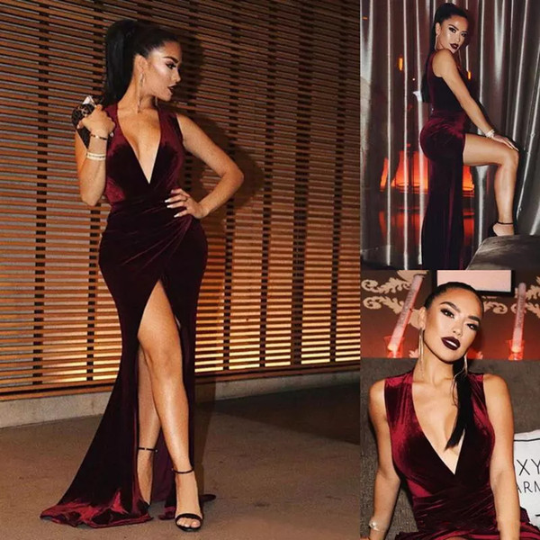 Chic burgundy velvet split prom dresses mermaid sexy deep v neck floor length trumpet long formal evening celebrity party gowns wear