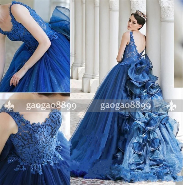 Luxury Prom Dresses Long Formal Dresses Evening Party Wear Scoop Neck Backless Runway Fashion Lace Ball Gown Sweep Train