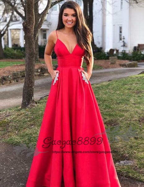 red spaghetti Formal Evening Dresses sexy v neck evening gowns With pocket lace beaded custom made Prom Dresses Party Wear plus size