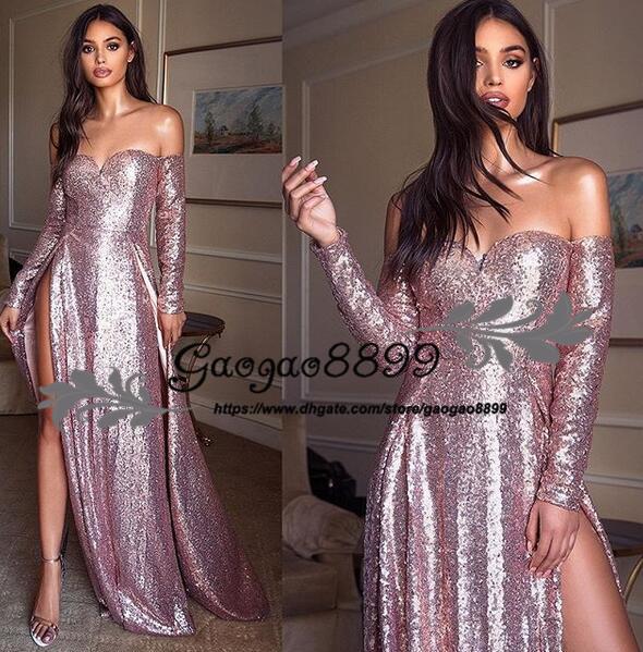 sexy Bling Sequined high side Split Prom Dresses Strap off the shoulder long sleeve Sweep Train Evening Gowns Pageant Dress Formal wear