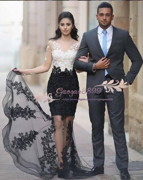 vintage black and white lace Evening Dresses long sleeves Floor-Length beaded applique Elegant Long Prom Dress with zipper Formal Dress