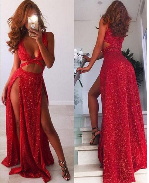 sexy red Bling Sequined high side Split Prom Dresses Cutaway Sides Sweep Train Evening Gowns custom made Pageant Dress Formal wear