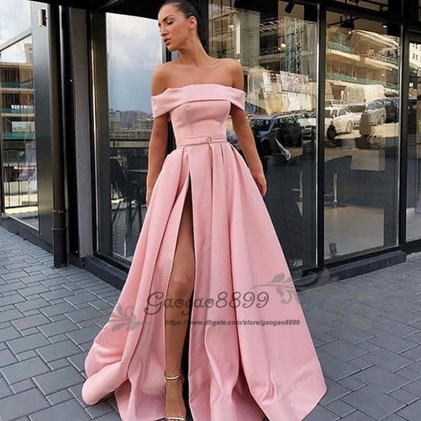 Classic blush split prom dresses A line off the shoulder floor length cheap satin Dubai bateau long formal celebrity evening party gowns