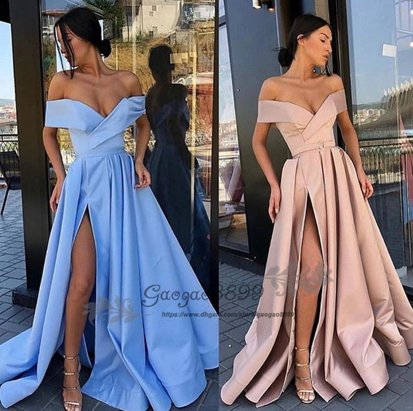 Classic Yellow split prom dresses A line off the shoulder floor length cheap satin Dubai long formal celebrity evening party gowns