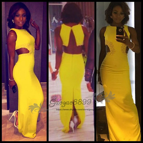 Yellow Split Long Prom Dress Charming keyhole neck Sleeveless beaded cheap Formal celebrity Evening Gowns Sexy African floor length Gowns