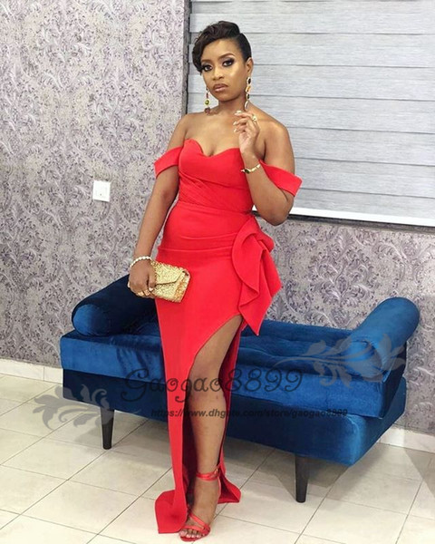 Chic red split prom dresses african off the shoulder Nigerian floor length long formal celebrity evening party gowns cheap