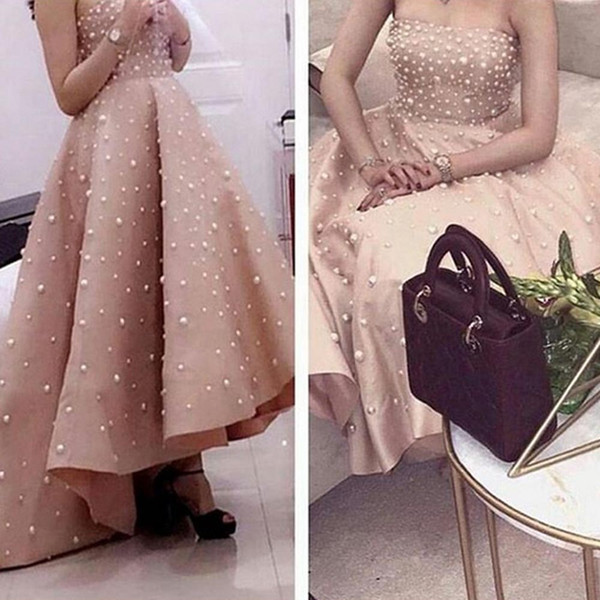 Pearls Champagne Prom Dresses Fashion Strapless Neckline High Front and Low Back Evening Dresses Gowns Arabic