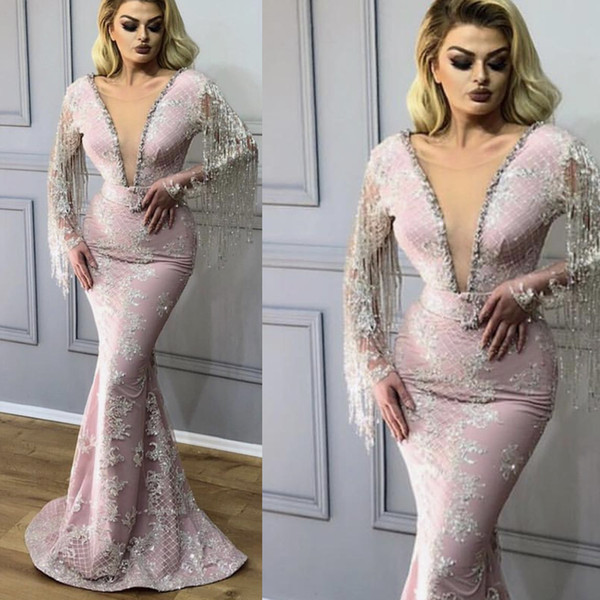 Pink Prom Dresses V Neck Lace Appliques Mermaid Tassel Lace Long Sleeve Evening Dresses Gowns Arabic