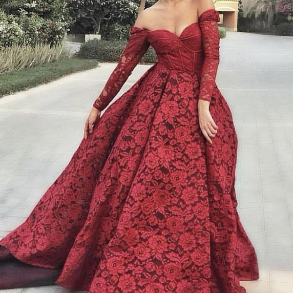 lace prom dresses long sleeve sweetheart neckline ball gown lace evening dresses red evening gowns arabic party dresses