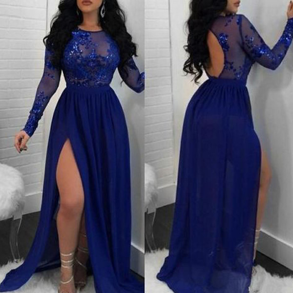 Royal Blue Prom Dresses Chiffon Lace Appliques Long Sleeve A Line Side Slit Cheap Evening Gowns Long