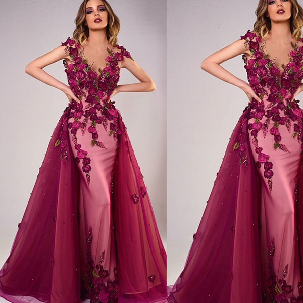 Prom Dresses Red Detachable Train Hand Made Flowers Cap Sleeve Mermaid Crystal A Line Evening Dresses Gowns Discount