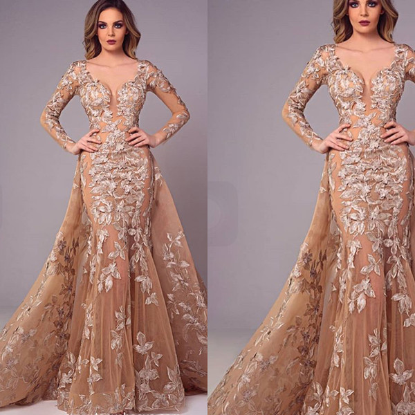 Arabic Champagne Prom Dresses with Long Sleeve Detachable Train Lace Appliques Floor Length Evening Dresses Gowns