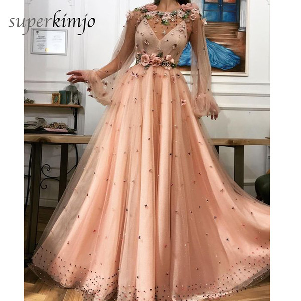 Peach Prom Dresses Long Sleeve Tulle Hand Made Flowers Embroidery A Line Floor Length Evening Dresses Gowns