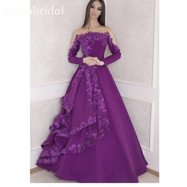 Purple Prom Dresses Long Sleeve Crew Neckline Lace Appliques A Line Beaded Flowers Floor Length Evening Dresses Gowns