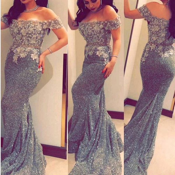 Arabic Prom Dresses Sequins Sparkly Off the Shoulder Short Sleeve Lace Appliques Sequins Bling Bling Mermaid Evening Dresses Gowns