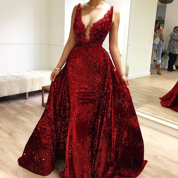 Red Prom Dresses With Detachable Train V Neck Sequins Bling Bling Lace Appliques Deep Red Evening Dresses Gowns Arabic