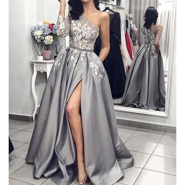 Custom Make Prom Dresses One Shoulder Long Sleeve Lace Appliques Side Slit Floor Length Evening Dresses Gowns