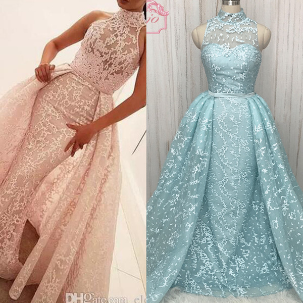 Arabic Prom Dresses Real Picture Pink Lace Detachable Train High Neck Pleats High Neck Beading Floor Length Evening Dresses Actual