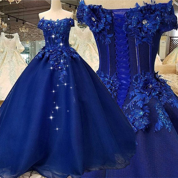 Royal Blue Ball Gown Prom Dresses Lace Applique Luxury Elegant Beaded Prom Ball Gown Vestido De Festa