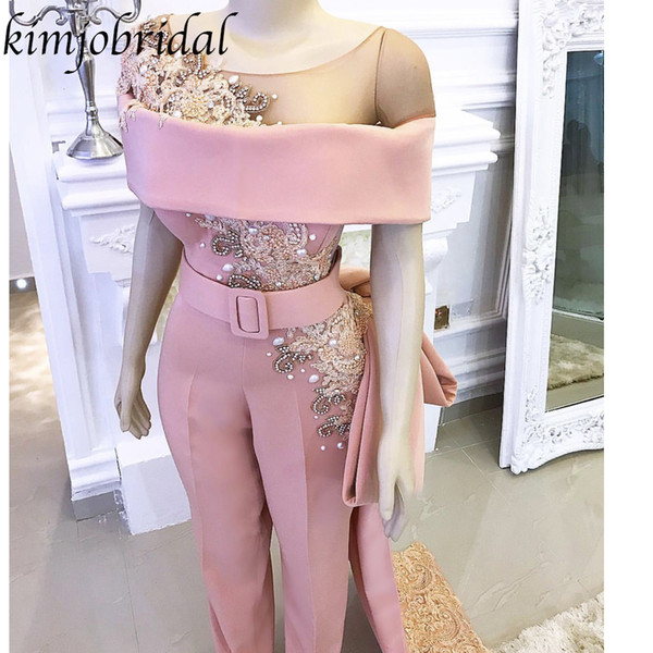 Pink Prom Dresses Pants Pearls Lace Appliques Pearls Belt Floor Length Evening Dresses Gowns