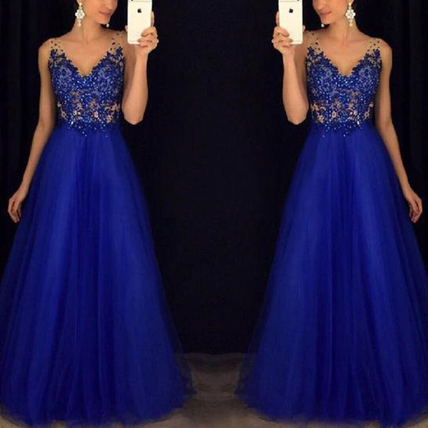 royal blue prom dresses deep v neck beading sequins lace appliques tulle floor length a line blue evening dresses gowns