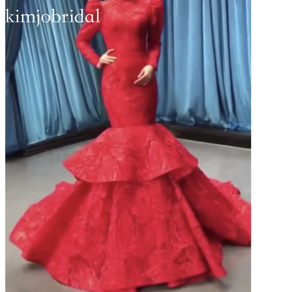 Red Prom Dresses Long Sleeve Lace Puffy Evening Dresses Arabic Party Dresses Evening Gowns Fashion Dress