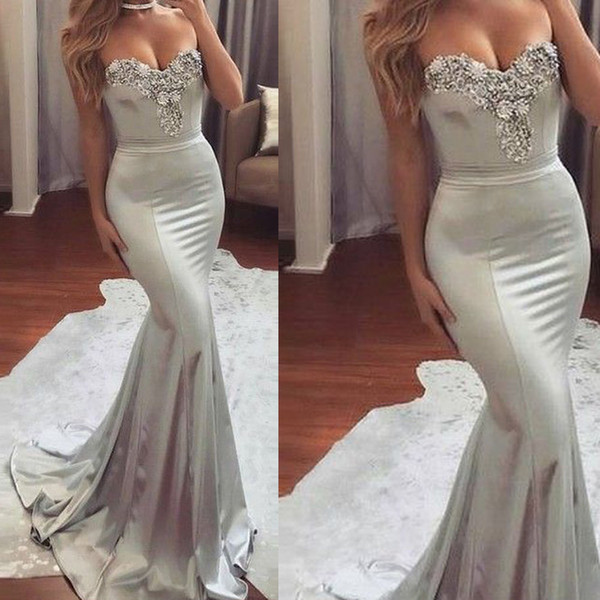 Mermaid Prom Dresses Sliver Beading Sequins Crystal Mermaid Satin Court Train Long Evening Dresses Gowns