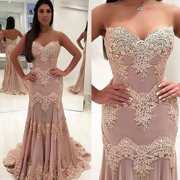 Lace Prom Dresses Blush Sweetheart Neckline Lace Backless Court Train Evening Dresses Gowns Vestidos de Fiesta