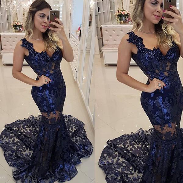 Navy Prom Dresses Sweetheart Neckline Lace Pearls Mermaid Sleeveless Court Train Evening Dresses Gowns