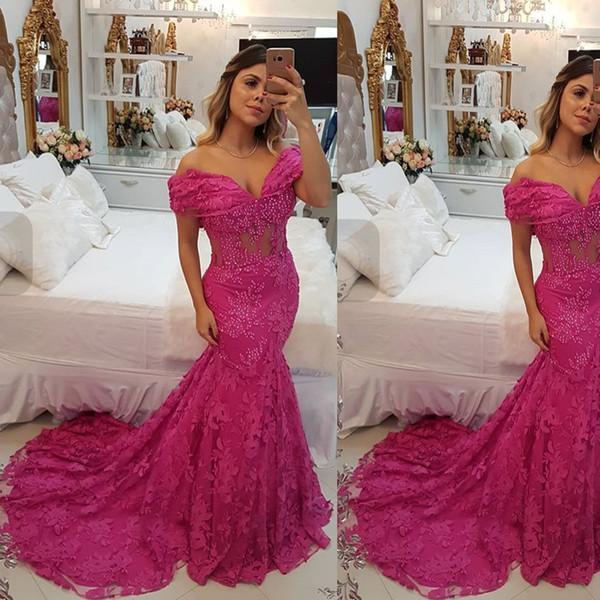 Pink Prom Dresses Off the Shoulder Lace Pearls Beading Sequins Sheer Bodice Court Train Evening Dresses Gowns Arabic