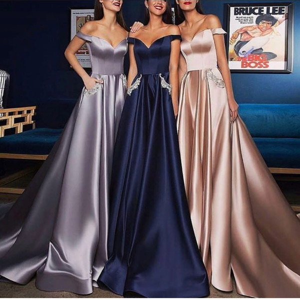 Satin A Line Prom Dresses Long Off the Shoulder Beaded Elegant Prom Gown with Pockets Vestido Longo