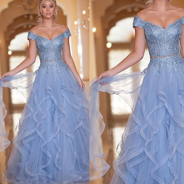 Two Pieces Prom Dresses Lace Appliques Ruffle Tulle Ball Gown Blue Floor Length Evening Dresses Gowns