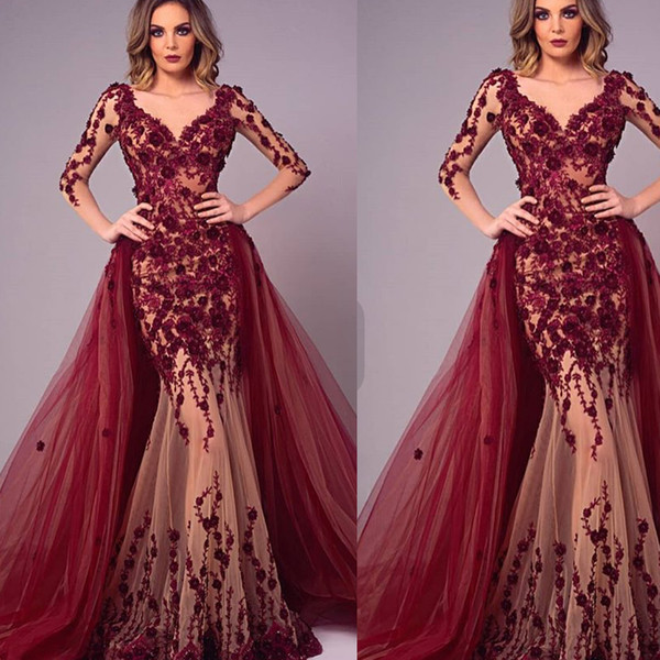 Wine Red Prom Dresses V Neck Lace Appliques Hand Made Flowers with Detachable Train Long Sleeve Tulle Dark Red Evening Dresses Gowns