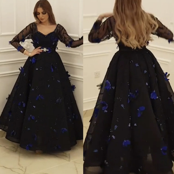 Black Prom Dresses Sweetheart Neckline Illusion Long Sleeve Feather Beading Pearls A Line Tulle Floor Length Evening gowns