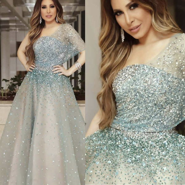 Arabic Prom Dresses One Shoulder Beading Crystal Sequins Tulle A Line Floor Length Saudi Arabia Evening Dresses