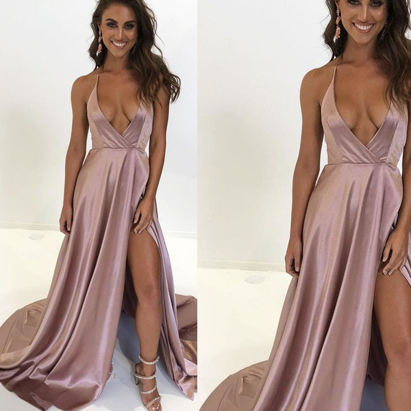 Cheap Prom Dresses Deep V Neck Side Slit Satin Floor length Sexy Evening Dresses Gowns Arabic